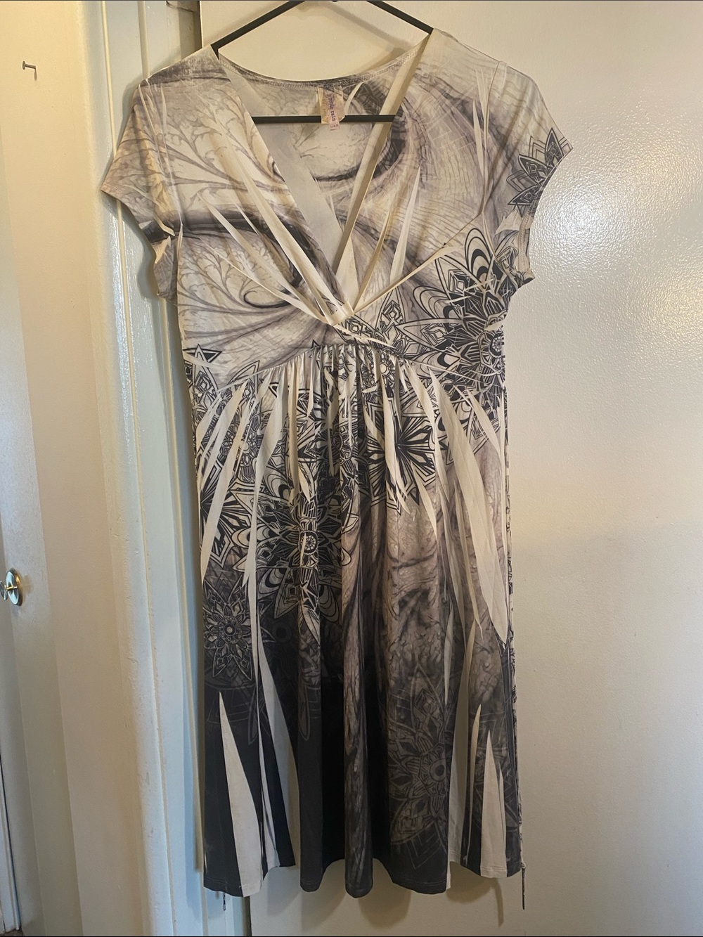 Purple Rain Black & Cream Surreal Print V-Neck Dress